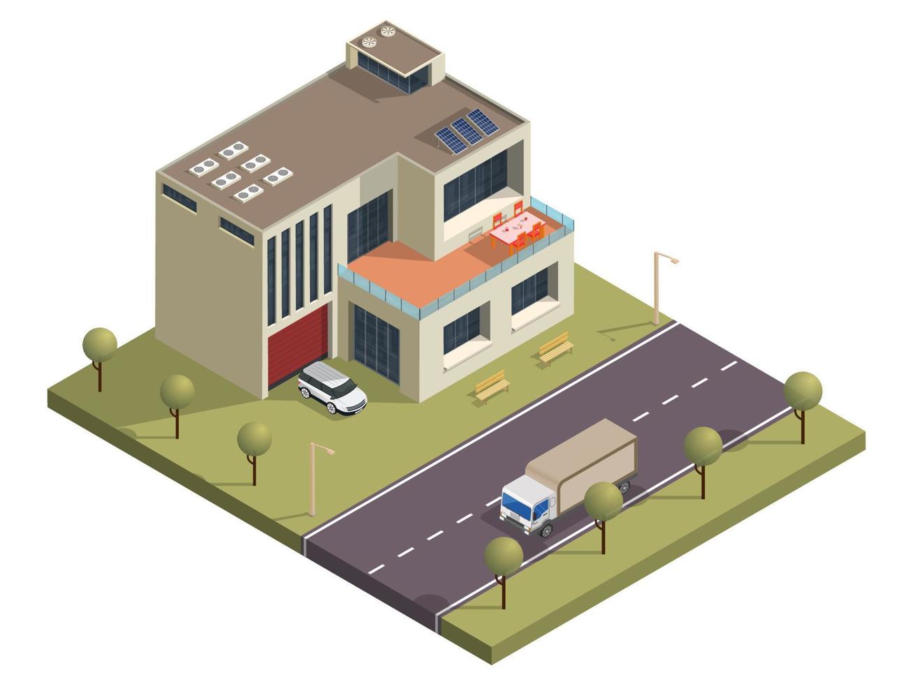 Isometric Building with Yard View and Transport Street Background. vector