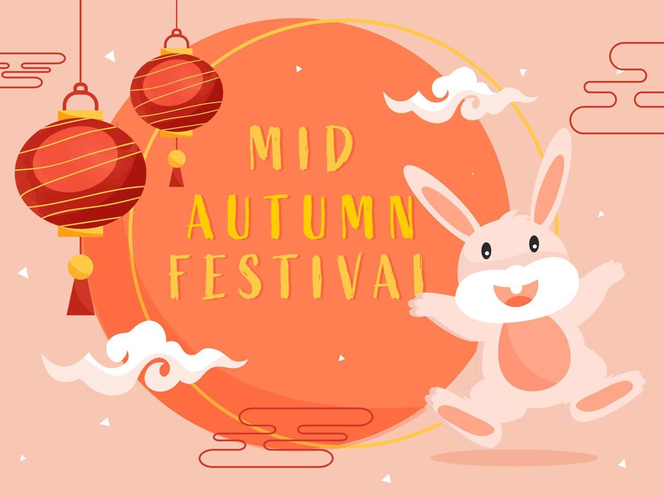 Mid Autumn Festival Poster Design with Cartoon Bunny Dancing, Clouds and Hanging Chinese Lanterns Decorated on Peach Background. vector
