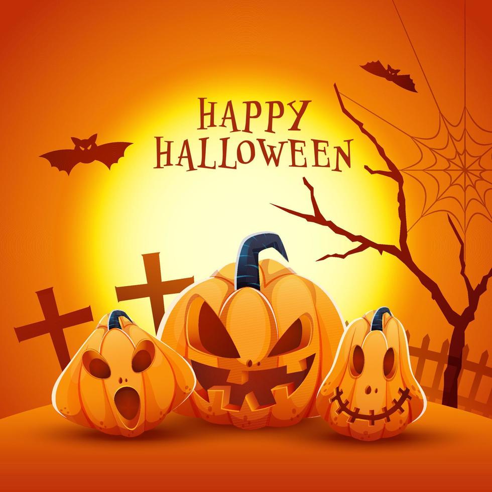 Happy Halloween Celebration Concept with Spooky Jack-O-Lanterns and Flying Bats on Full Moon Forest Background. vector