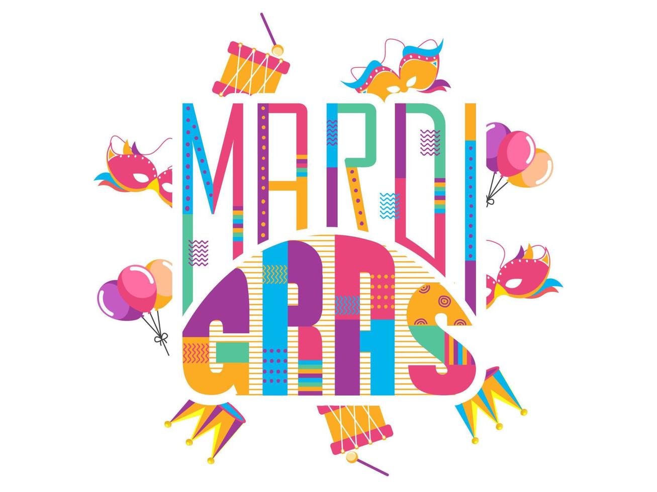 Creative Colorful Mardi Gras Text Decorated with Party Mask, Jester Hat, Balloons and Drum on White Background. vector