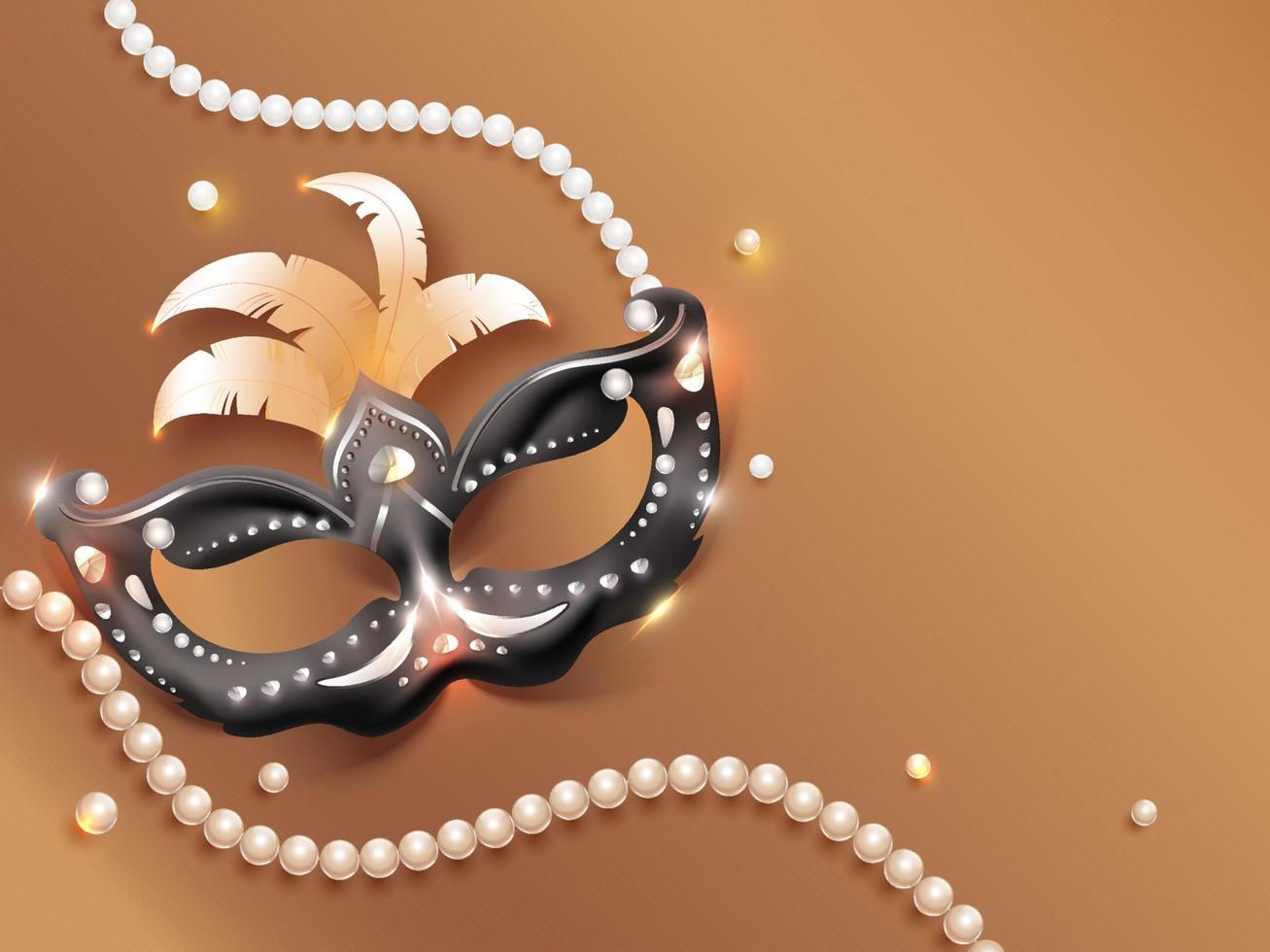 carnaval fiesta máscara con ligero efecto y perla guirnalda en bronce antecedentes. vector