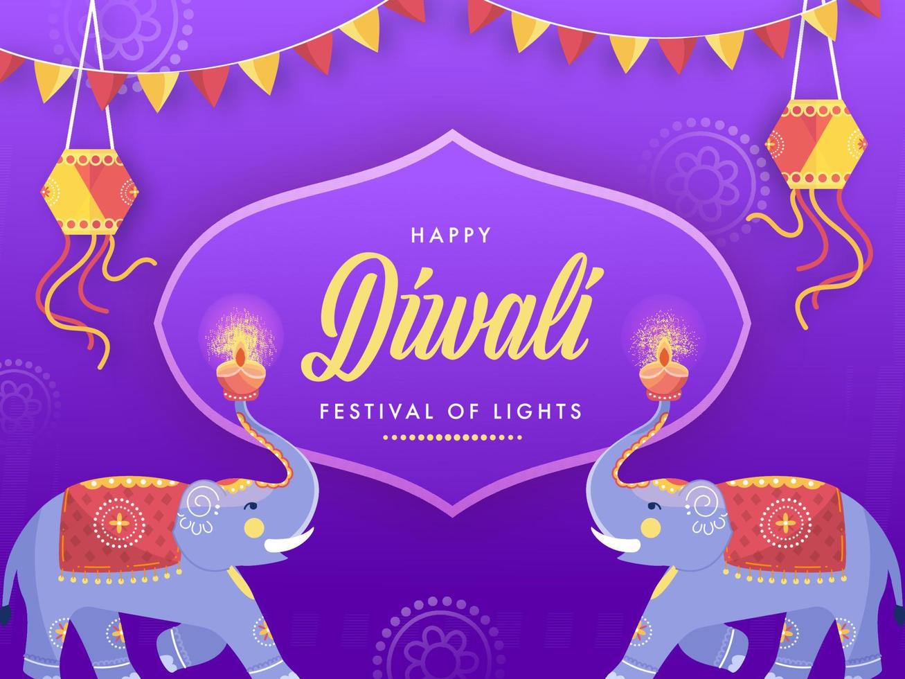 Happy Diwali Festival Of Lights Text on Vintage Frame with Cartoon Elephants Holding Lit Oil Lamps and Hanging Lanterns Decorated Purple Background. vector