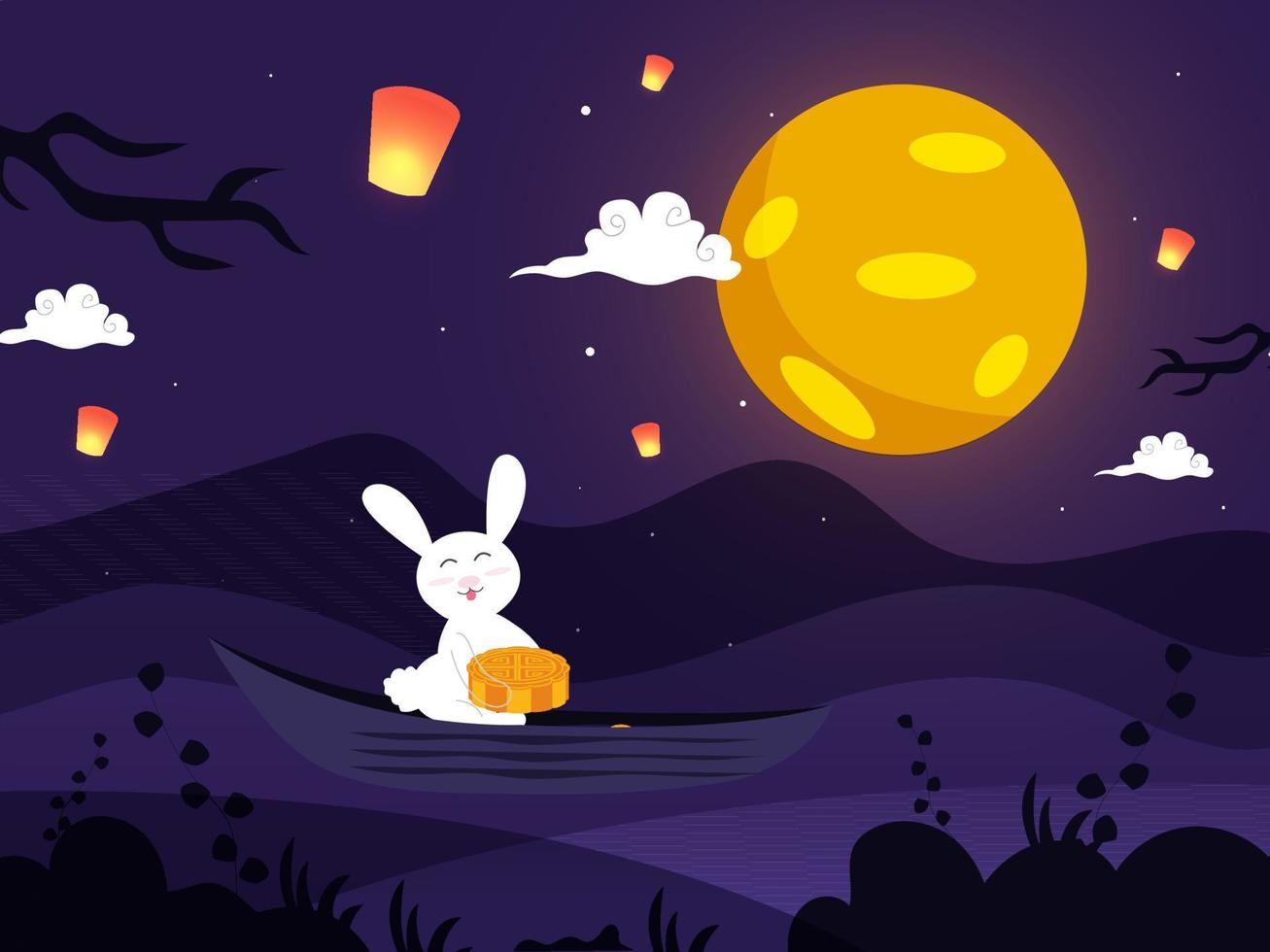 Cartoon Bunny Holding a Mooncake and Fly Lanterns Decorated on Full Moon Purple Nature Landscape Background. vector