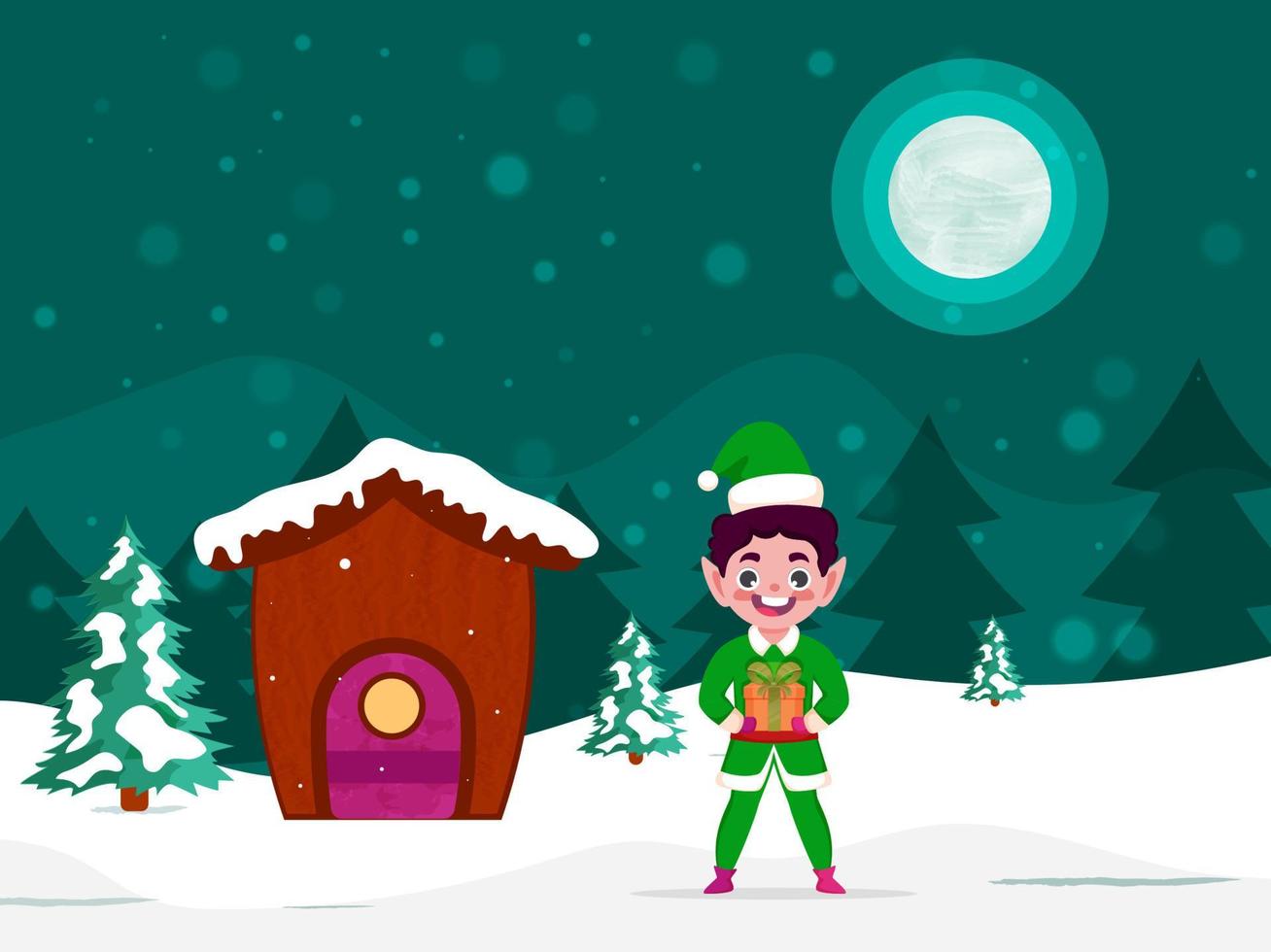 Cheerful Elf Character Holding a Gift Box with Snow Covered House on Full Moon Winter Landscape Background for Merry Christmas. vector