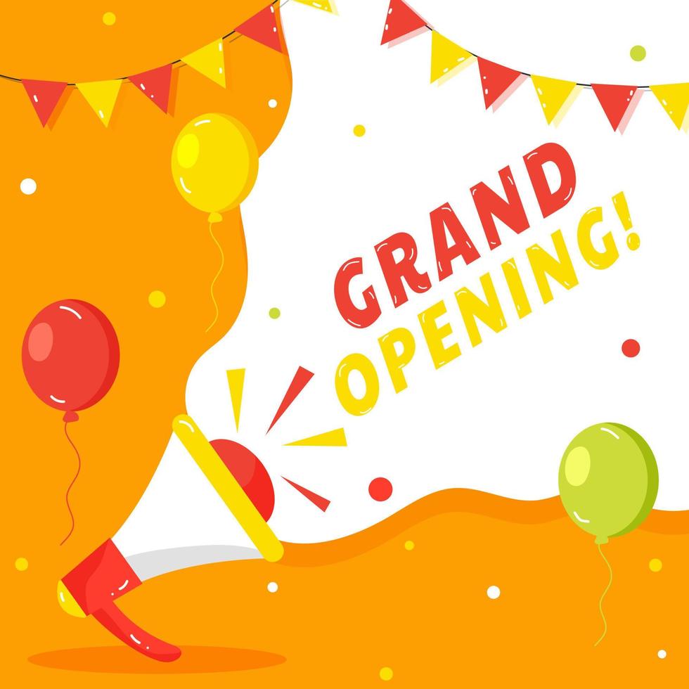 Advertising Grand Opening from Loudspeaker and Balloons Decorated on Orange and White Background. vector