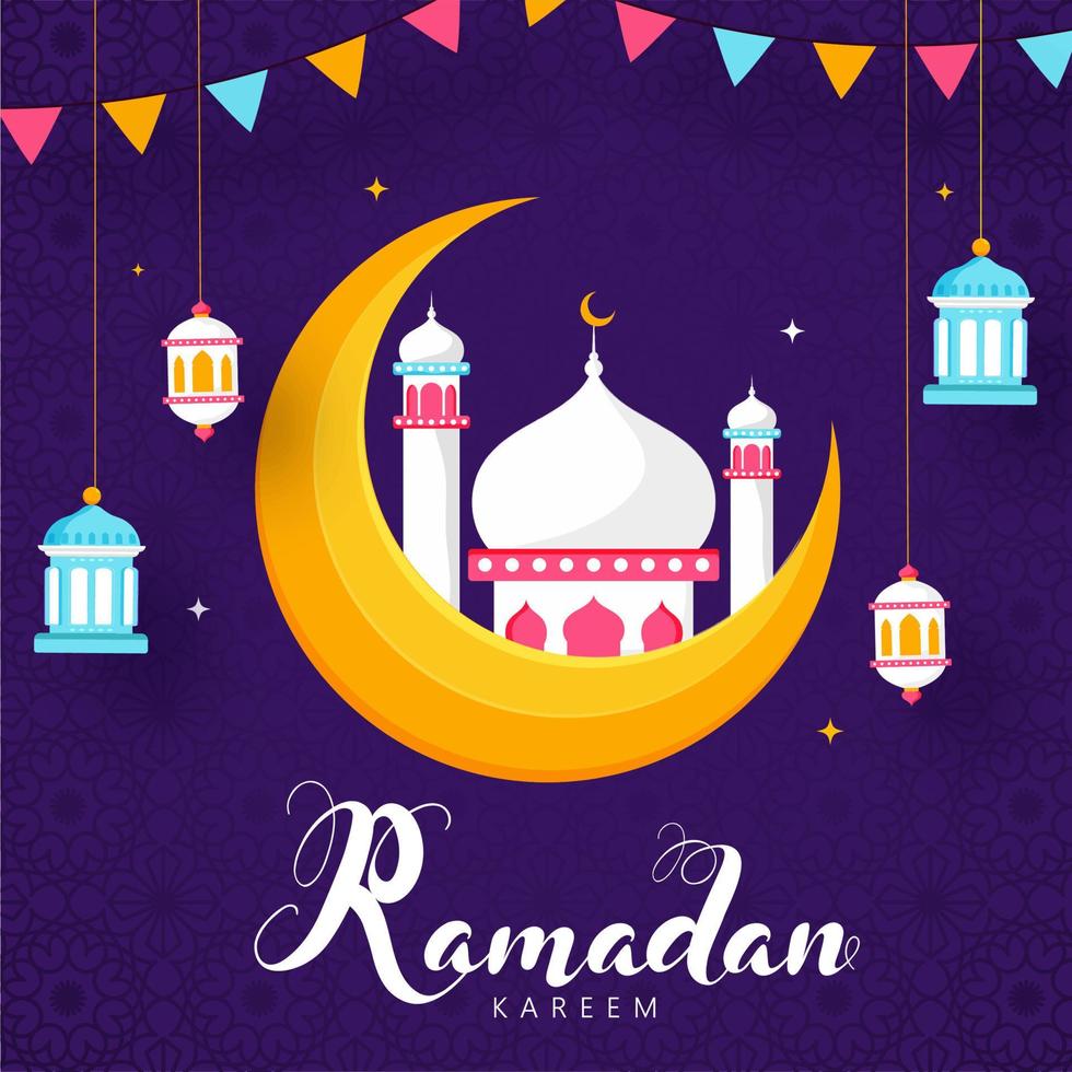 Ramadan Kareem Celebration Poster Design with Yellow Crescent Moon, Mosque and Hanging Arabic Lanterns Decorated on Purple Mandala Pattern Background. vector