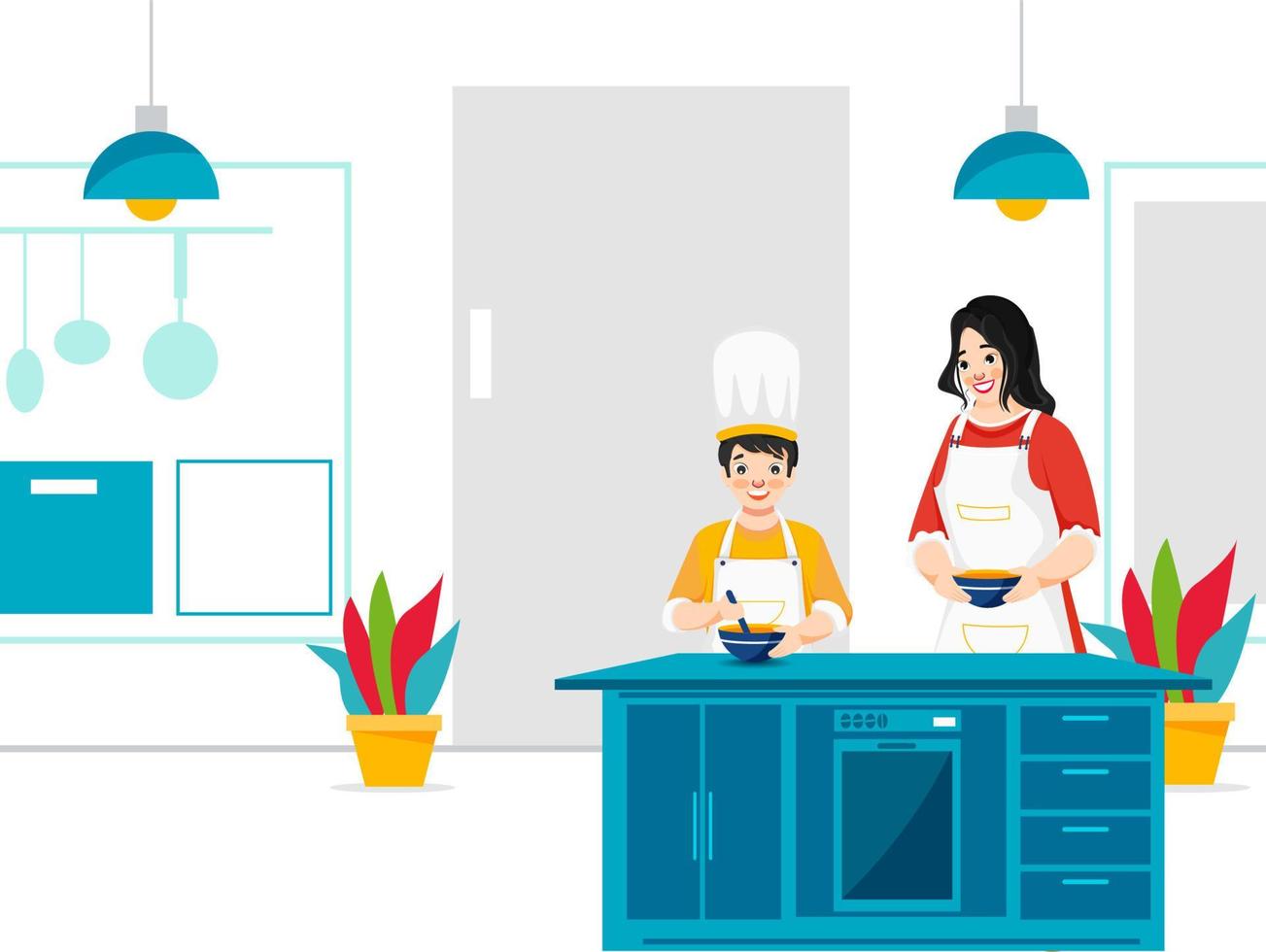 Mother Helps Her Son Cook In The Kitchen At Home. Can be used as poster design. vector