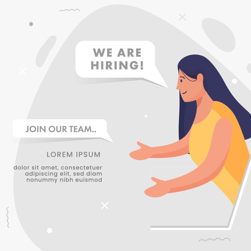 Cartoon Woman Online Advertising Job Vacancy From Laptop for We Are Hiring, Join Our Team Concept. vector