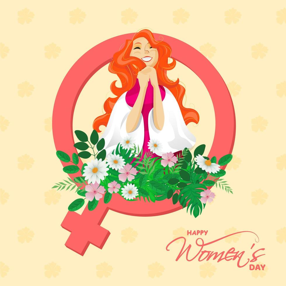 Cheerful Young Girl with Floral and Female Gender Sign on Yellow Background for Happy Women's Day Celebration Concept. vector