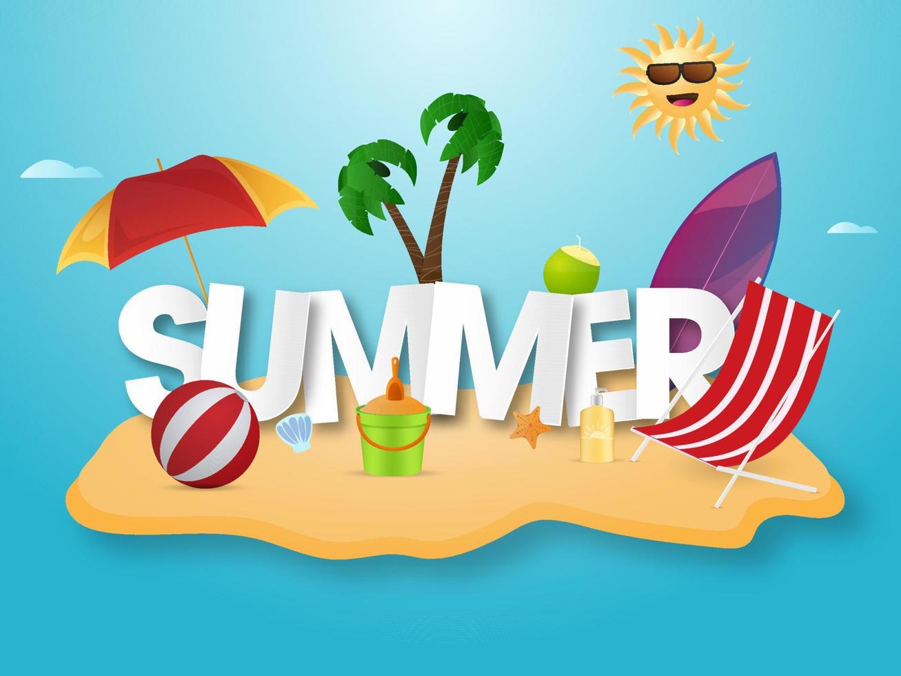Paper Cut Summer Text with Cartoon Funny Sun and Beach Elements on Abstract Sand and Blue Background. vector
