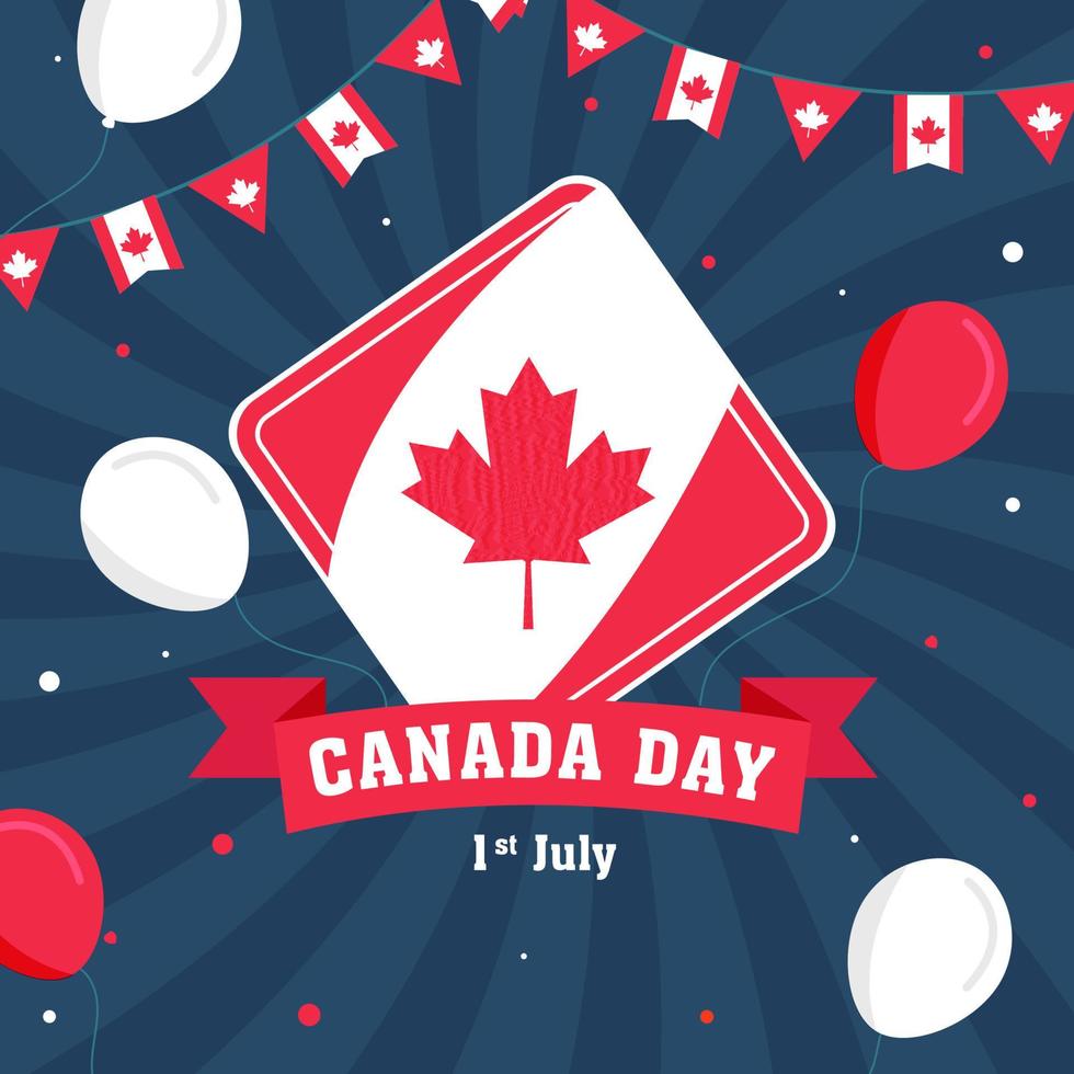 Vector Illustration of Canada Day Label with Flying Balloons and Bunting Flags Decorated on Blue Rays Background for 1st July Celebration.