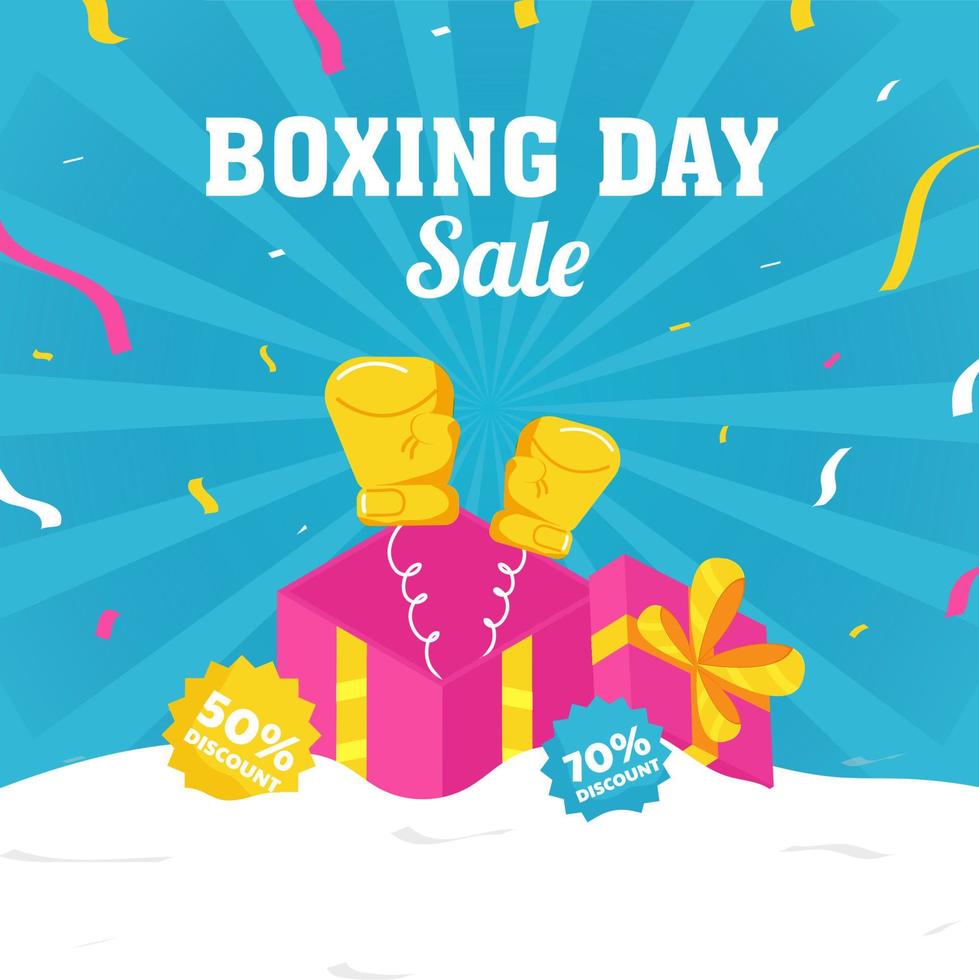 Boxing Day Sale Poster Design With Discount Offers, Glove Coming Out Of A Gift Box, Confetti On White And Blue Rays Background. vector