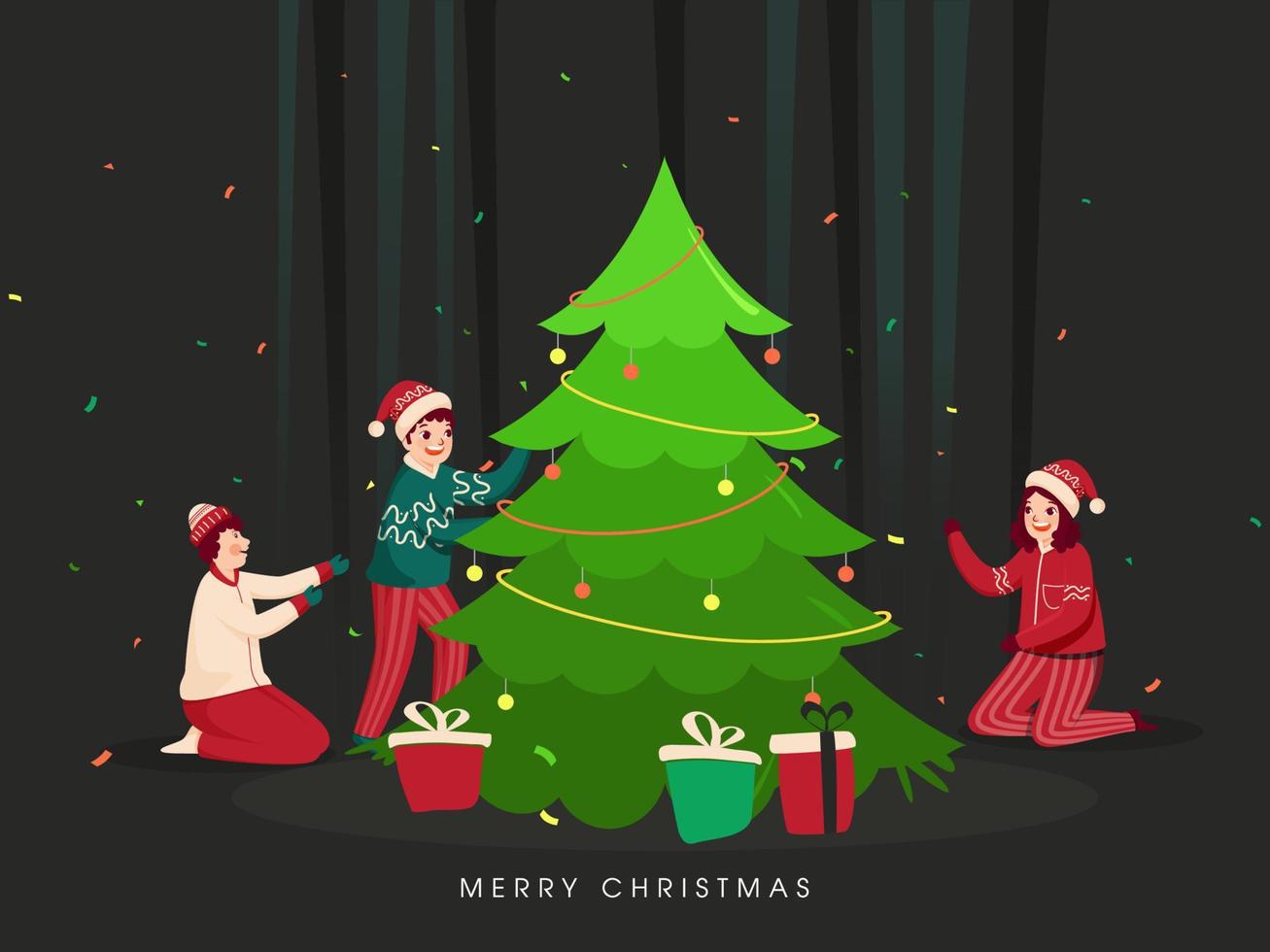 Illustration of Cheerful Kids Wearing Woolen Clothes with Decorative Xmas Tree and Gift Boxes on Confetti Grey Background for Merry Christmas. vector