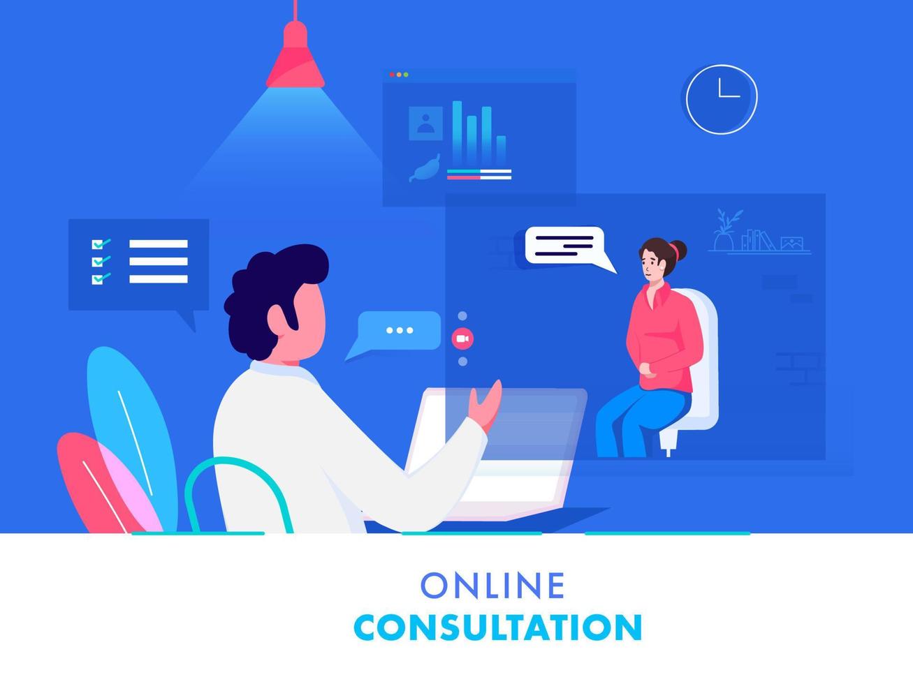 Patient Woman Having Video Calling To Doctor From Laptop On Blue And White Background For Online Consultation. vector