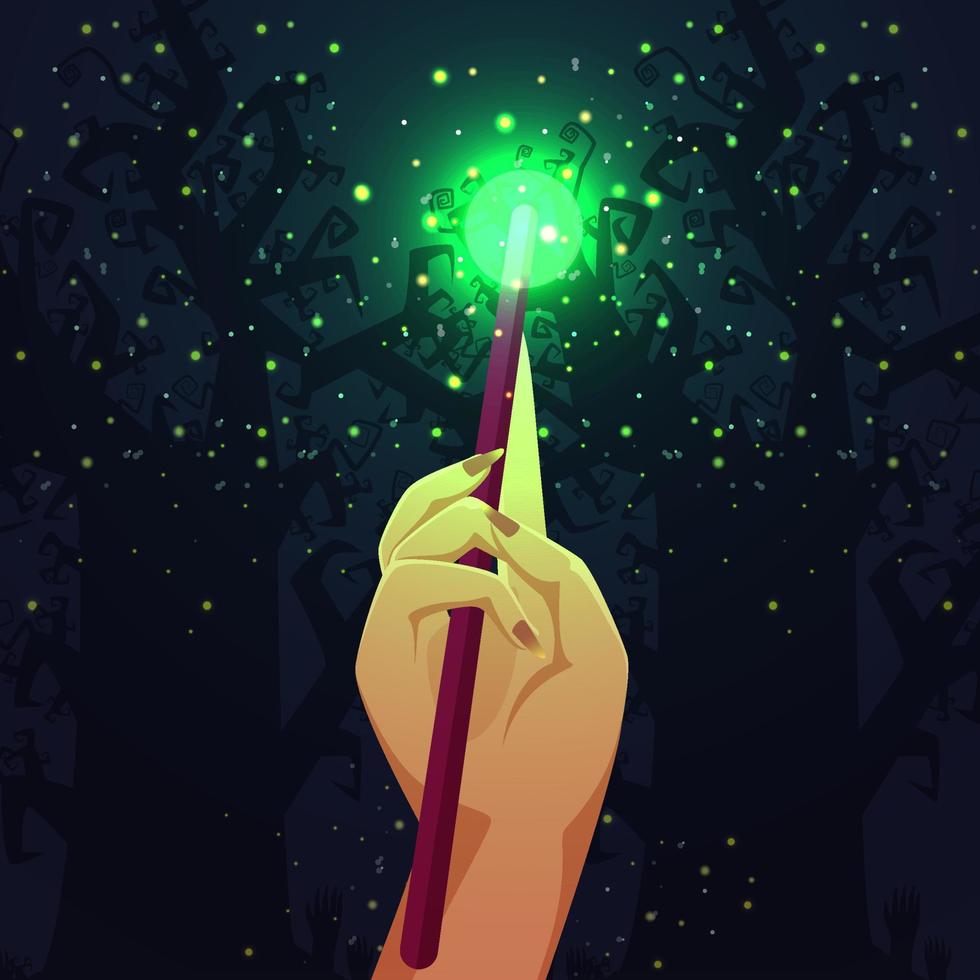 Female Hand Holding Magic Wand with Magical Sparkles on Blue Bare Tree Background. vector