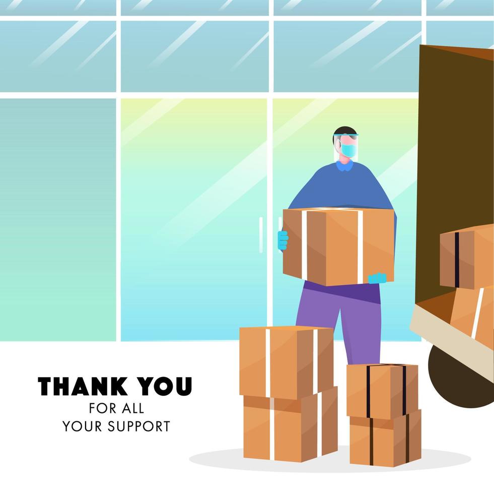 Thank You for All Your Support Concept, Protective courier man holding package with delivery truck on abstract background. vector