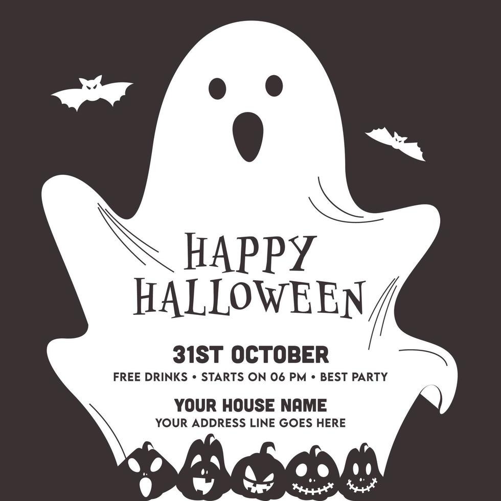 Happy Halloween Party Invitation, Poster Design with Ghost, Bats Flying and Spooky Pumpkins on Grey Background. vector