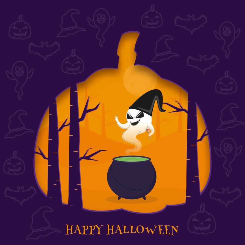 Happy Halloween Celebration Poster Design with Cartoon Ghost Wear Witch Hat and Cauldron on Paper Cut Forest Background. vector