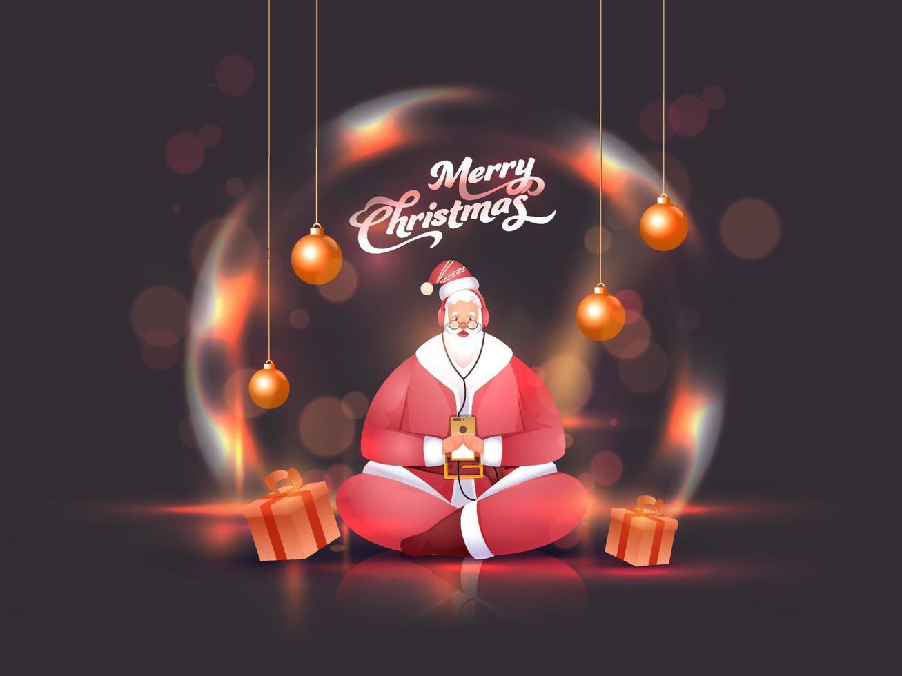 Santa Claus listen to music from headphones by smartphone with gift boxes, hanging shiny baubles on the occasion of Merry Christmas. vector