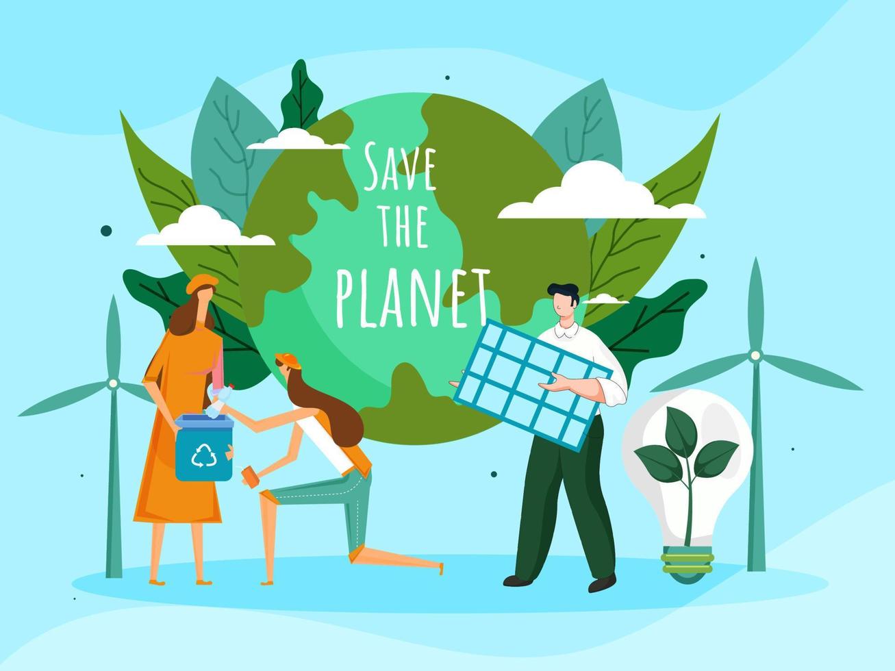 dibujos animados hombre y mujer trabajando juntos con solar panel, reciclaje compartimiento, eco bulbo, molinos de viento y tierra globo para salvar el planeta concepto. vector