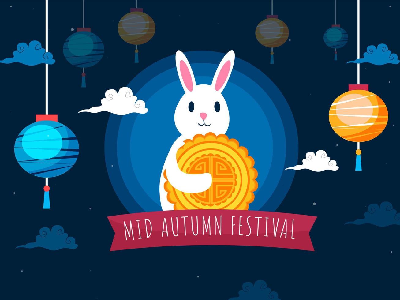 Mid Autumn Festival Poster Design with Cartoon Bunny Holding a Mooncake and Hanging Chinese Lanterns Decorated on Blue Background. vector