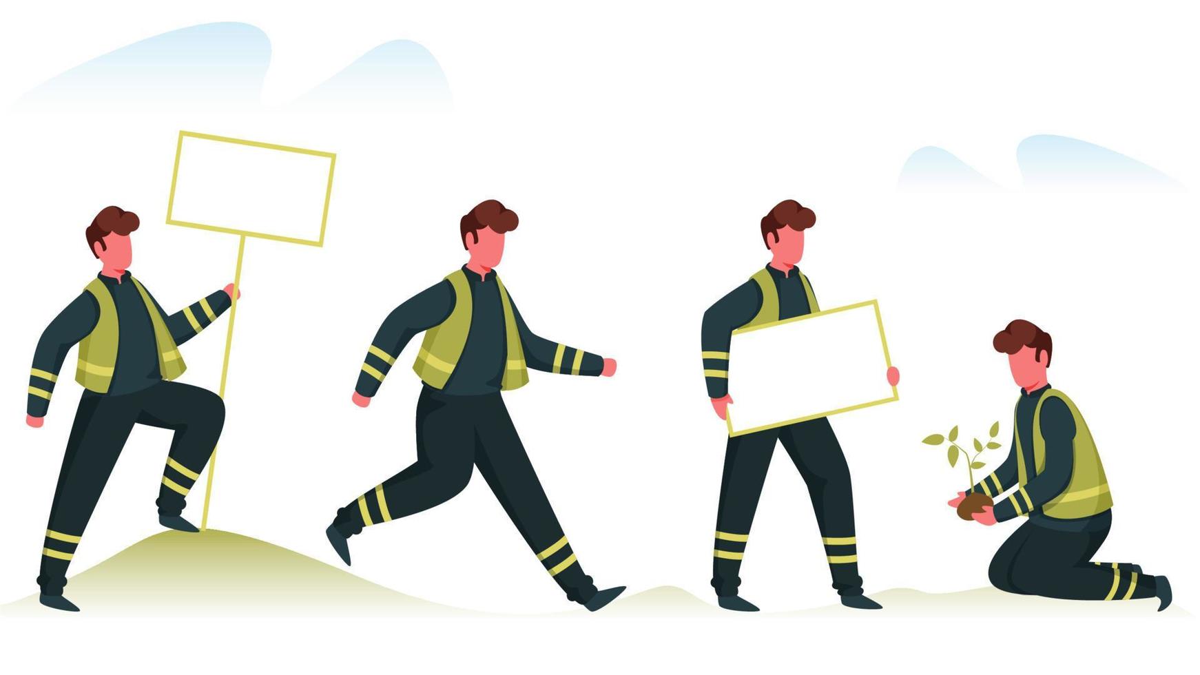 Cartoon Eco Volunteer OR Plant Rescue Team Doing Various Tasks on White Background. vector
