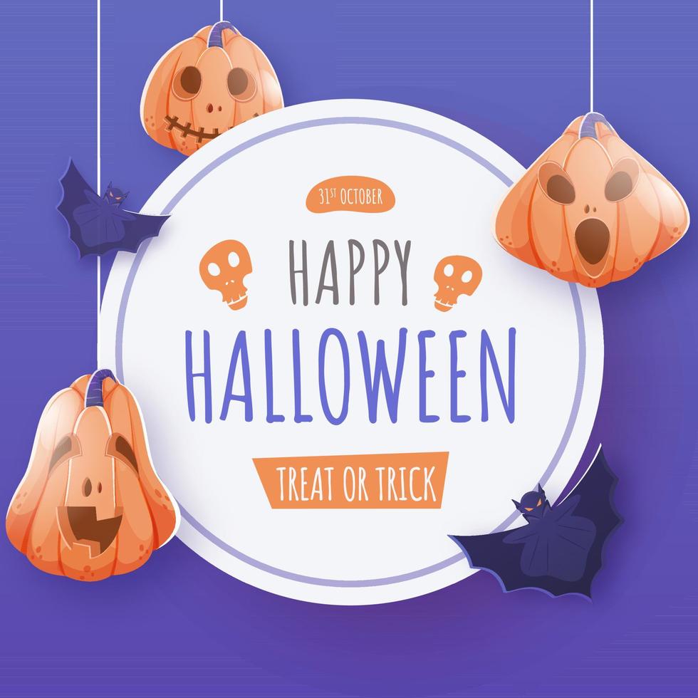 Happy Halloween Treat Or Trick Text on White Circular Frame with Flying Bats and Hanging Jack-O-Lanterns. vector