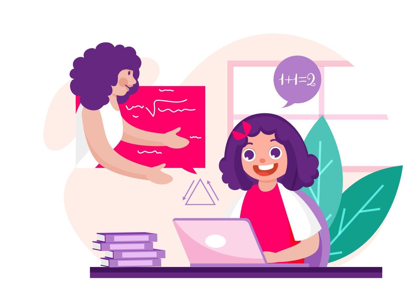 Cheerful Girl Interacting on Video Call with Female Teacher at Home for Online Education Concept. Can Be Used As Poster Design. vector