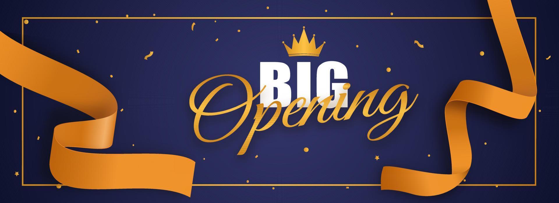 Big Opening Font with Crown and Golden Confetti Ribbon on Blue Background. vector