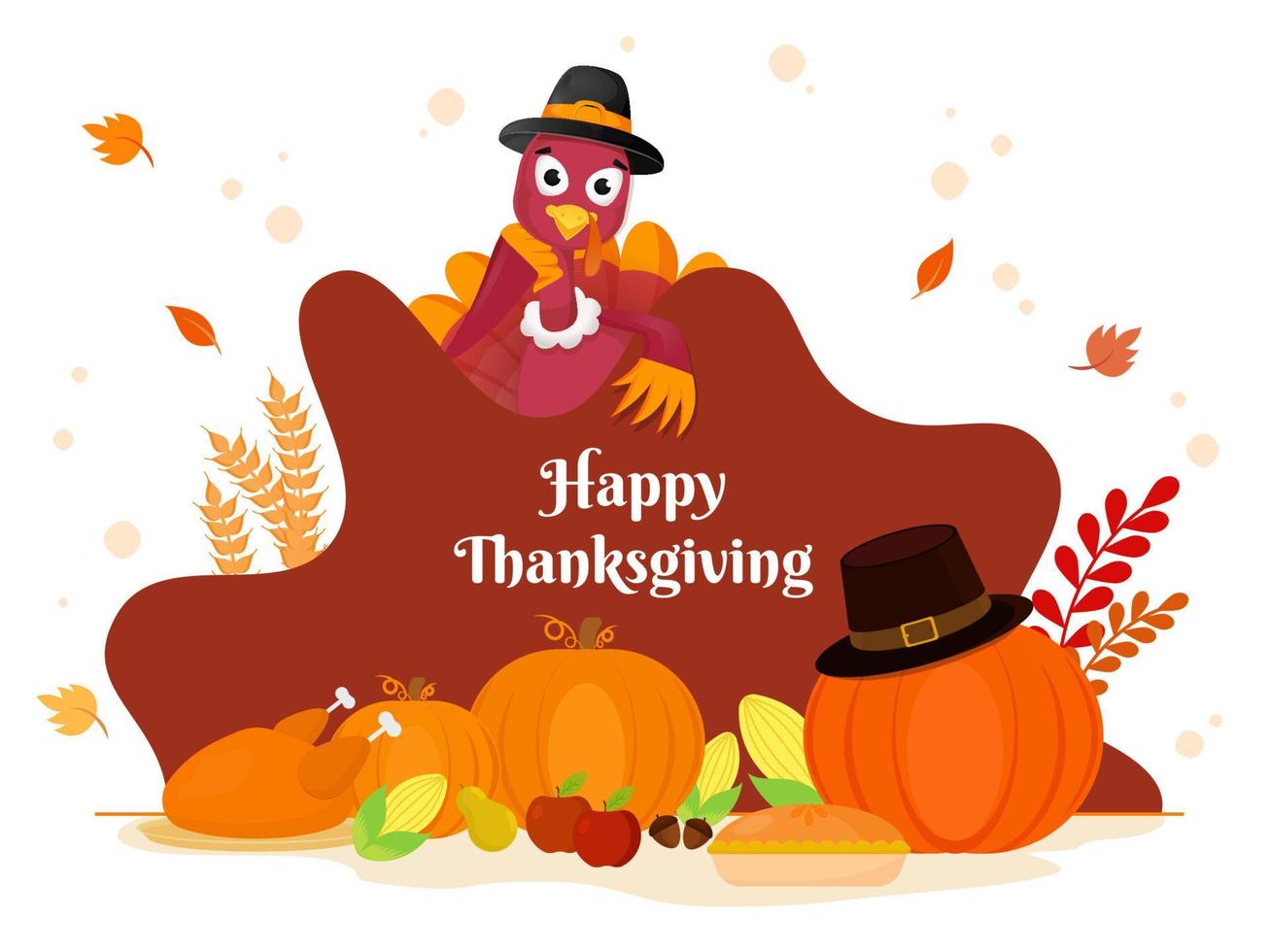 Happy Thanksgiving Poster Design with Cartoon Turkey Bird Wearing Pilgrim Hat and Festival Elements on White Background. vector