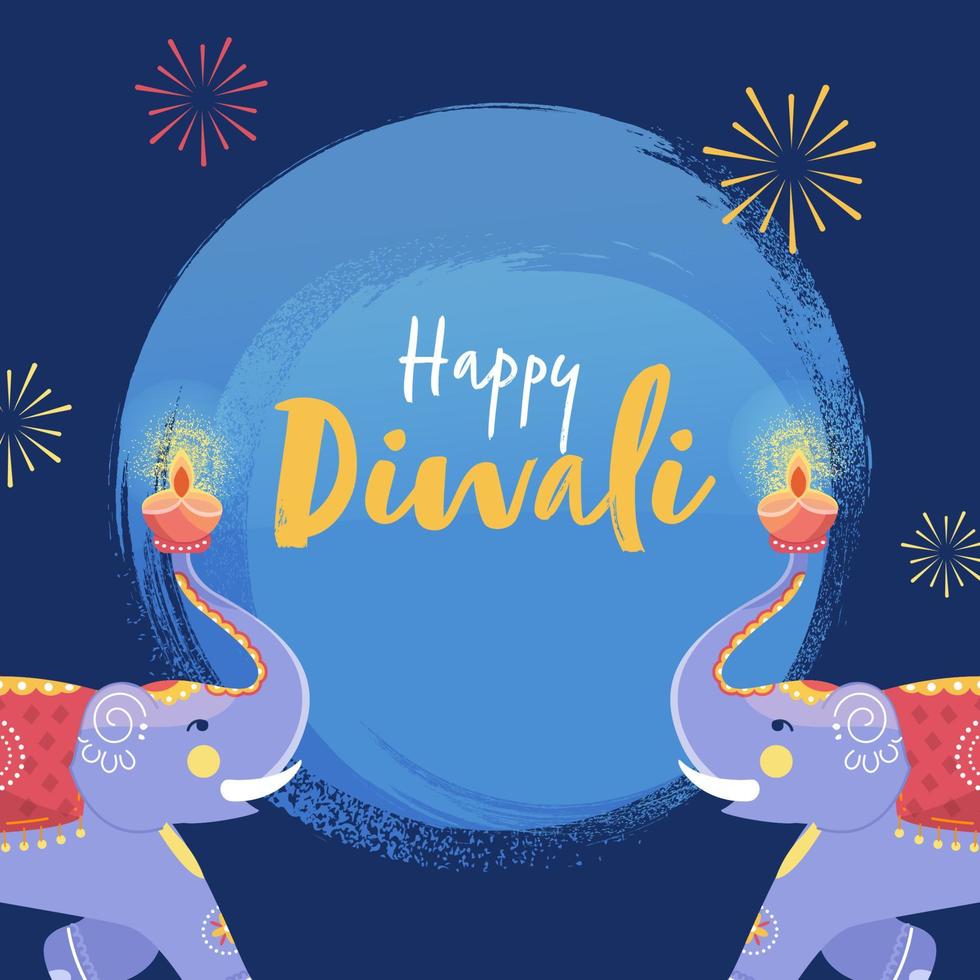 Illustration of Cartoon Elephants Holding Lit Oil Lamps on Blue Brush Noise Effect Background for Happy Diwali Celebration. vector