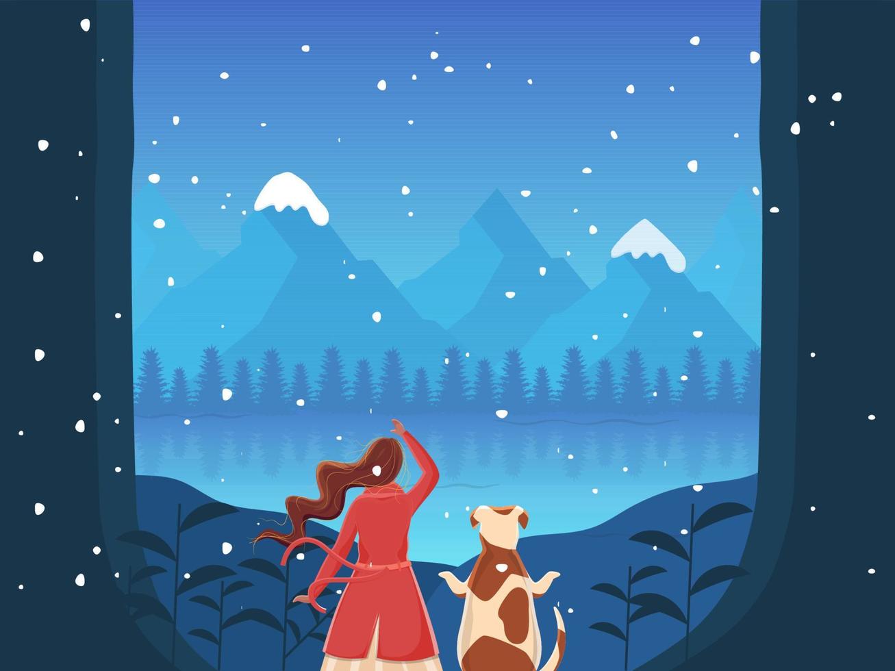 Back View Of Woman Character With Dog Standing On Blue Winter Landscape River Background. vector