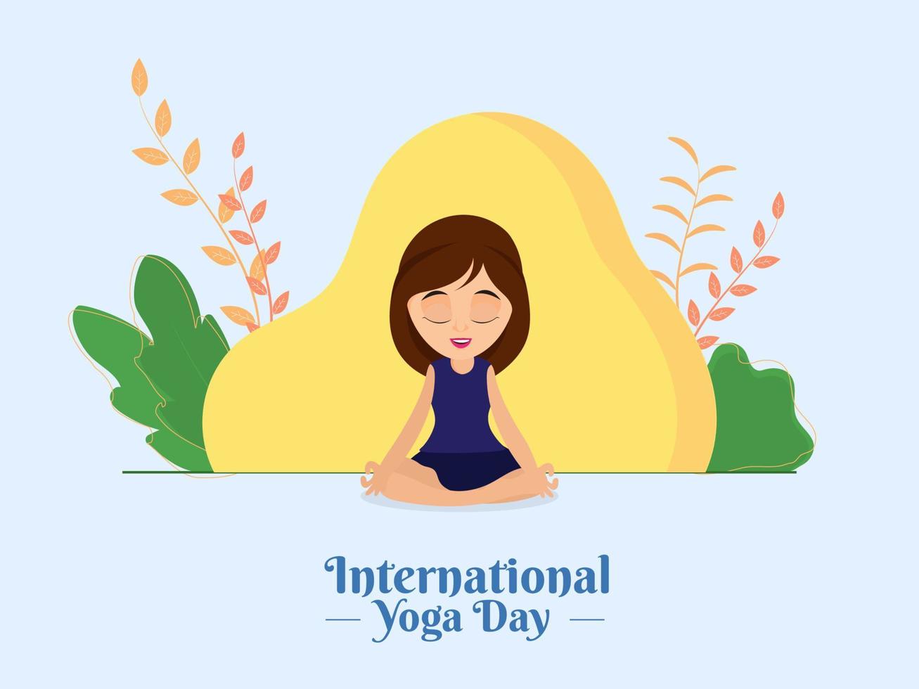 Beautiful Girl Meditating in Lotus Pose with Abstract Nature View for International Yoga Day. vector