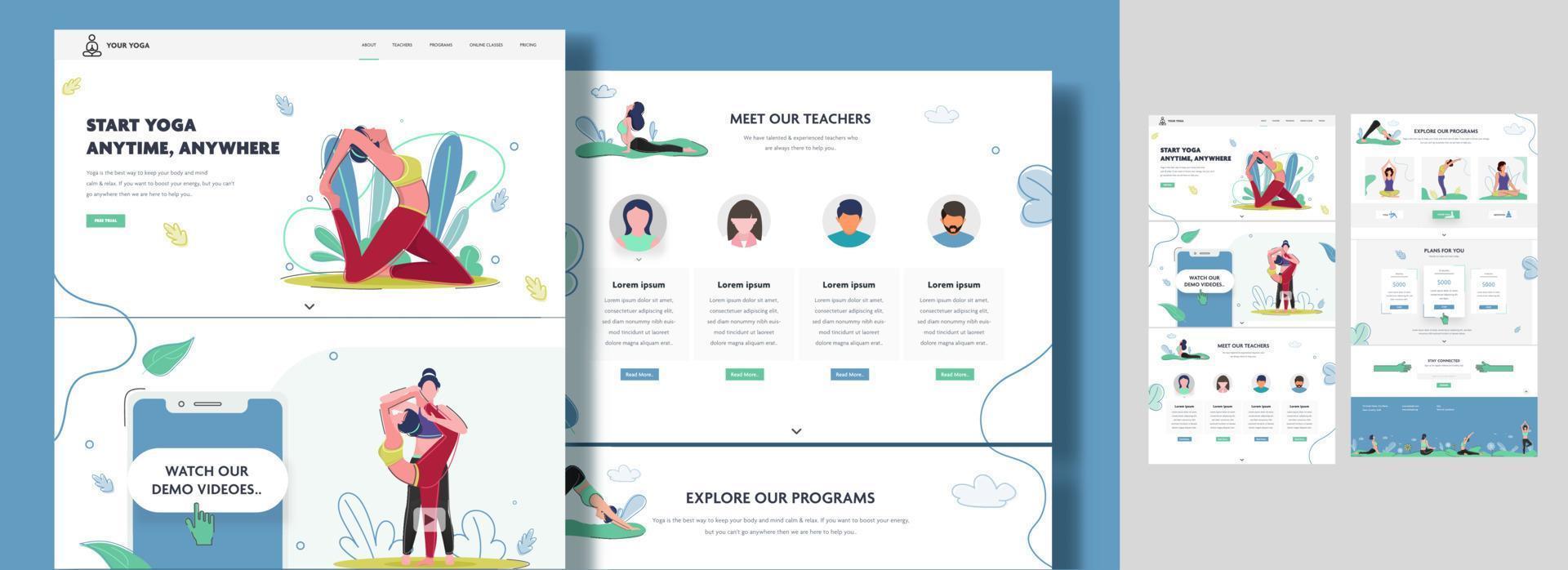 Landing Page Design with Female doing Yoga in Different Pose and Trainers. vector