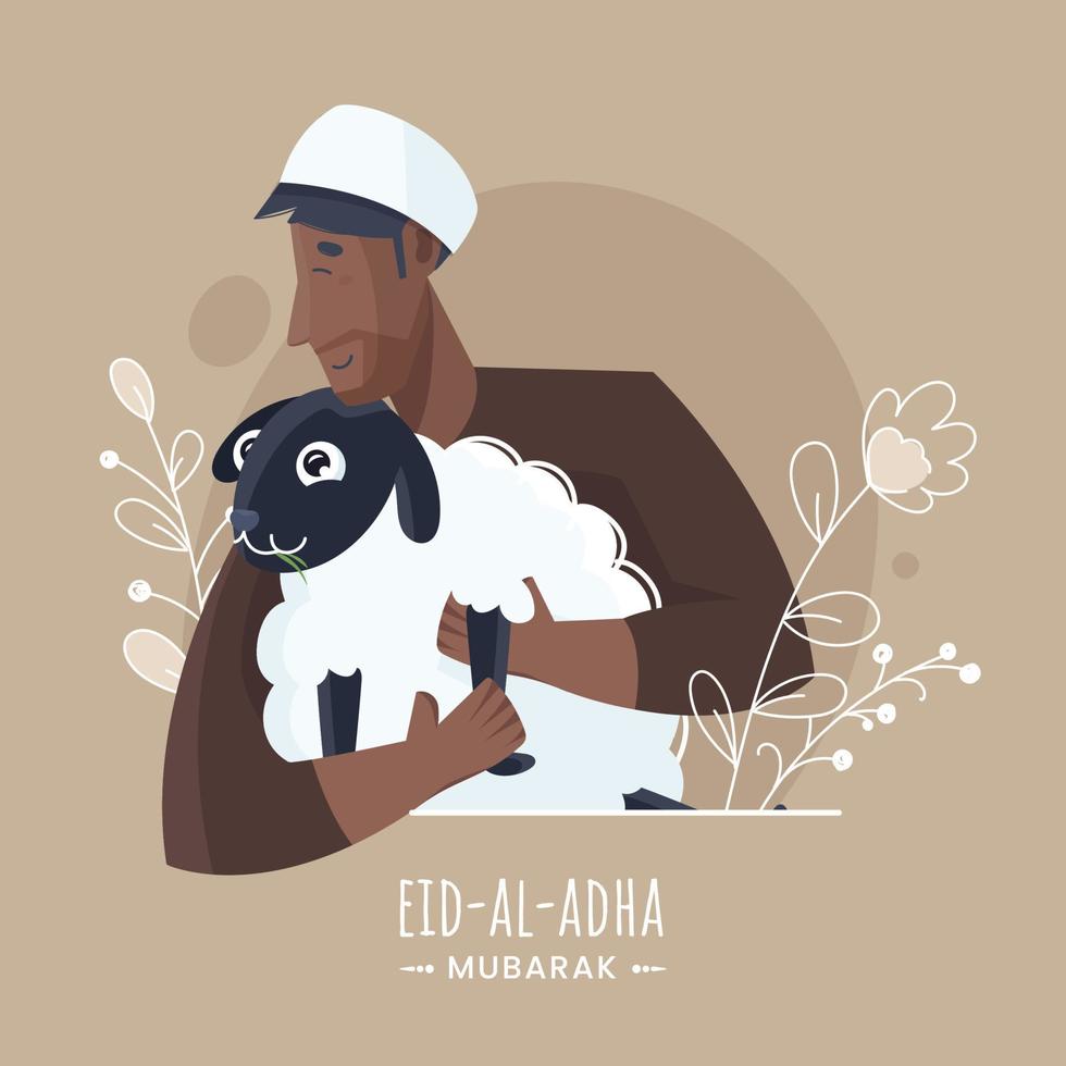 Illustration of Muslim Man holding a Cartoon Goat with Floral on Light Brown Background for Eid-Al-Adha Mubarak Concept. vector