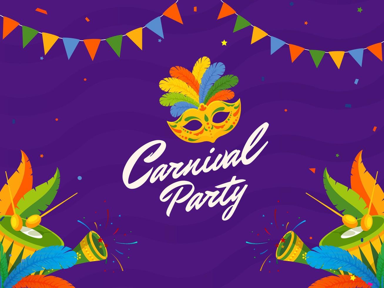 Carnival Party Poster Design with Colorful Mask, Feather, Drum and Party Horn on Purple Background. vector