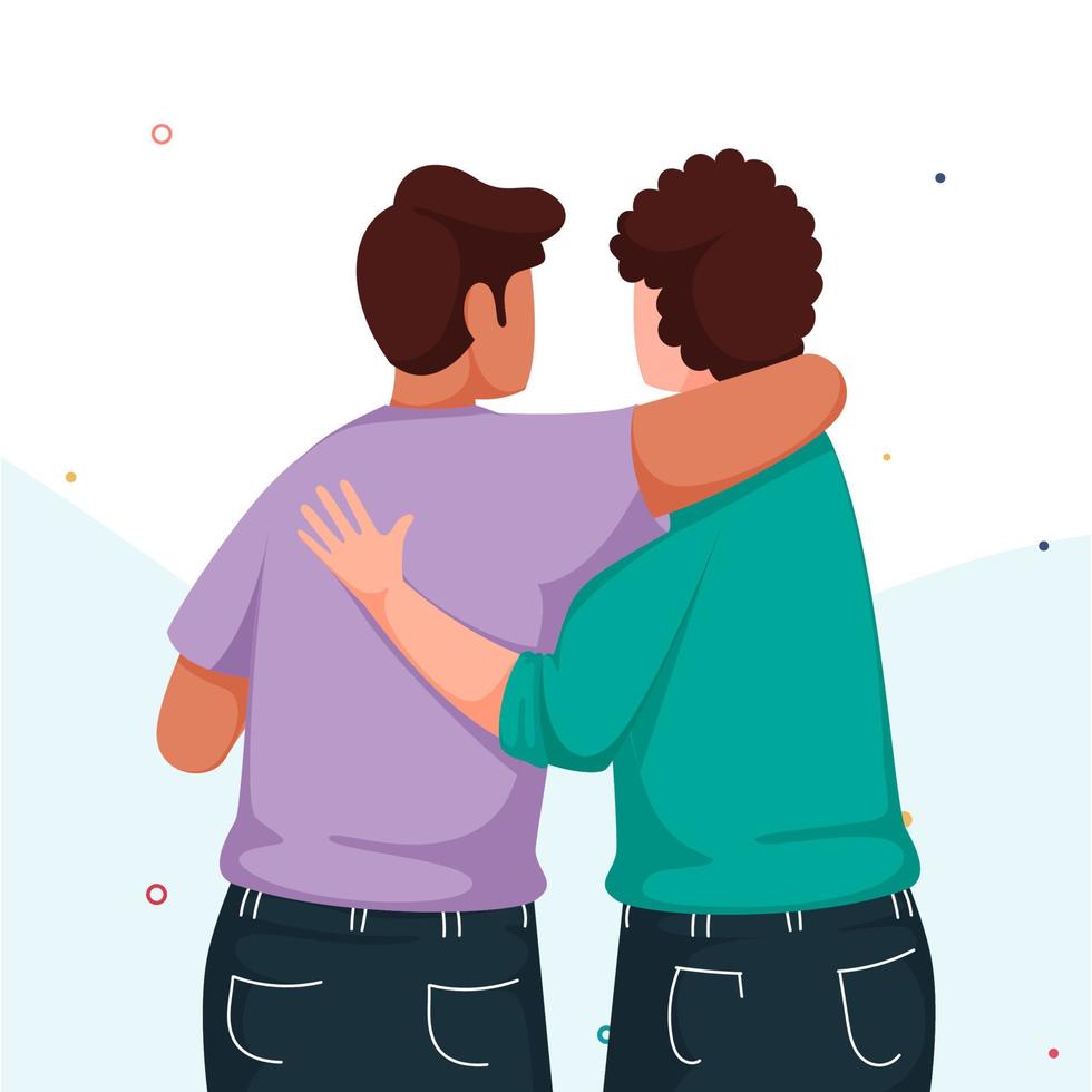 Back View of Two Young Boys Hugging on White Background. vector