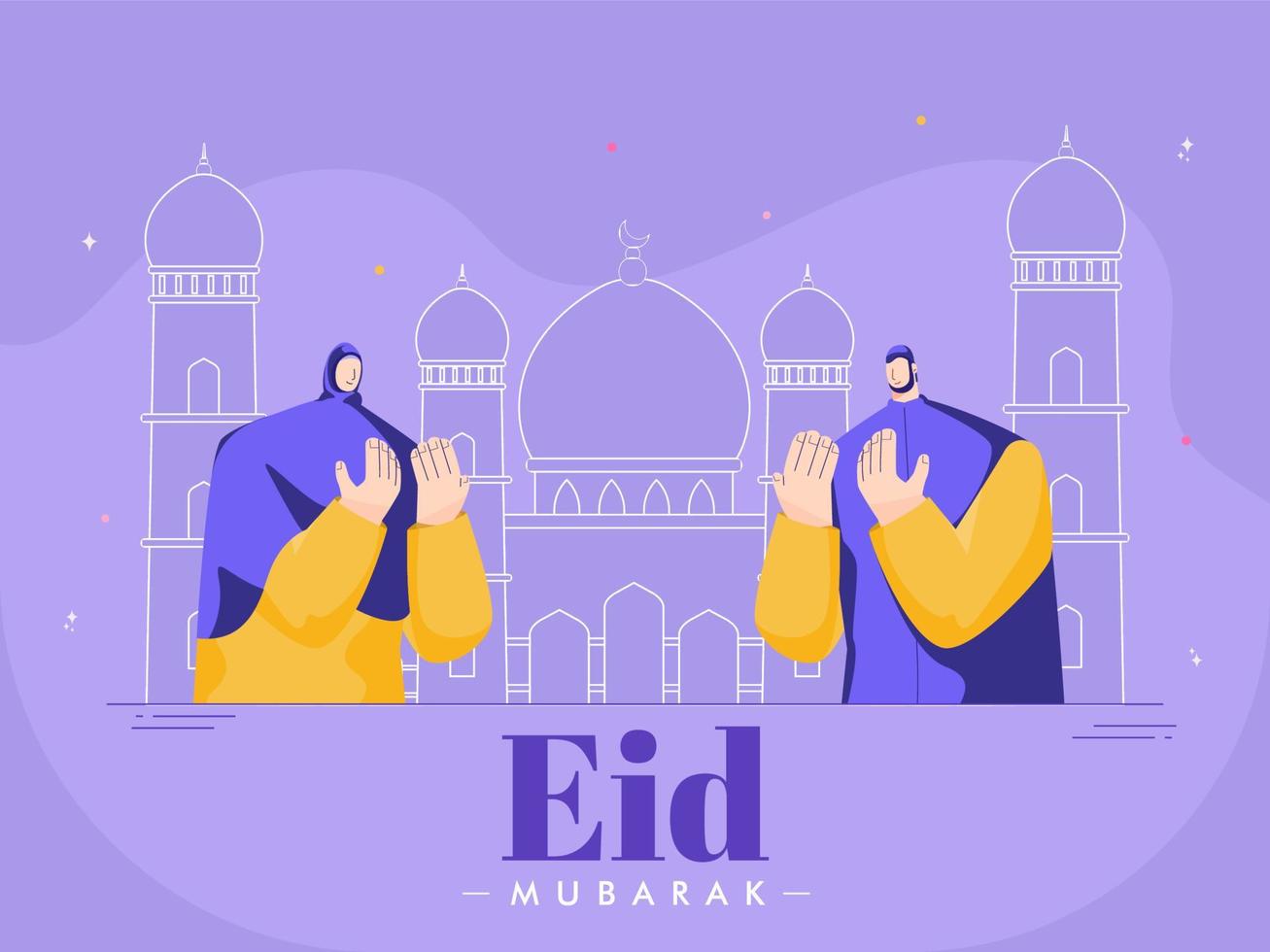 Cartoon Man and Woman Offering Namaz in Front of Line Art Mosque on Purple Background for Eid Mubarak Celebration. vector