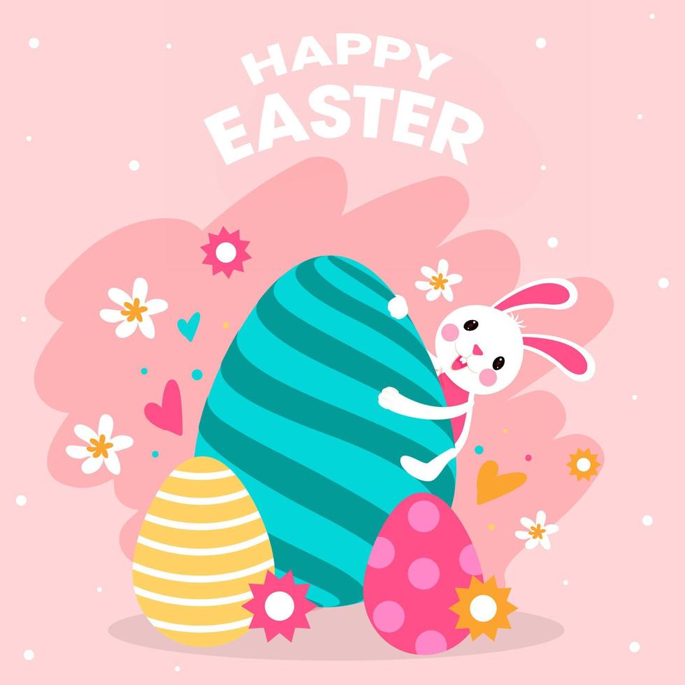 contento Pascua de Resurrección celebracion concepto con gracioso dibujos animados conejito, impreso huevos y flores decorado en rosado antecedentes. vector