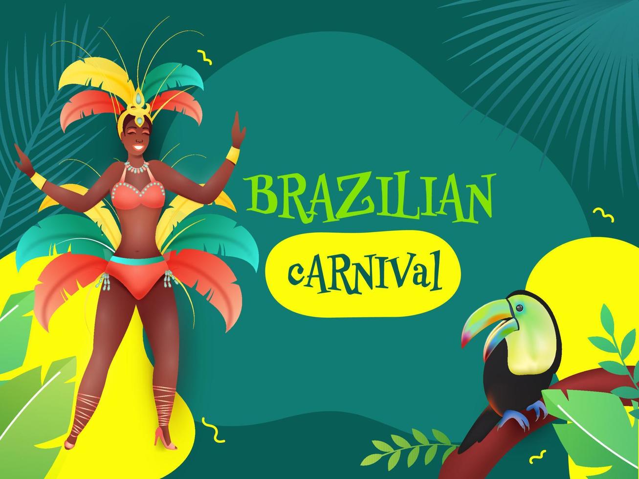 Brazilian Carnival Poster Design With Female Samba Dancer, Toucan Bird And Leaves On Teal Background. vector