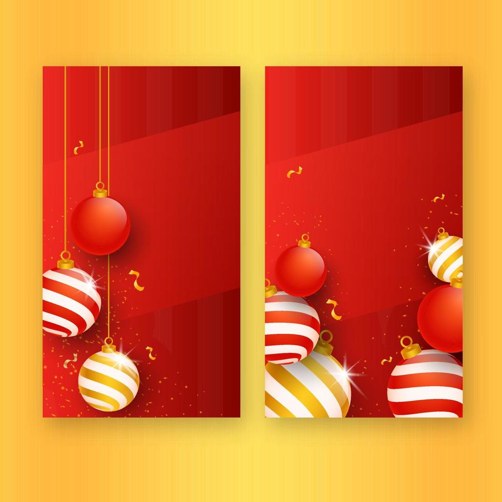 3D Christmas Balls With Golden Confetti Decorated Red Background In Two Options. vector