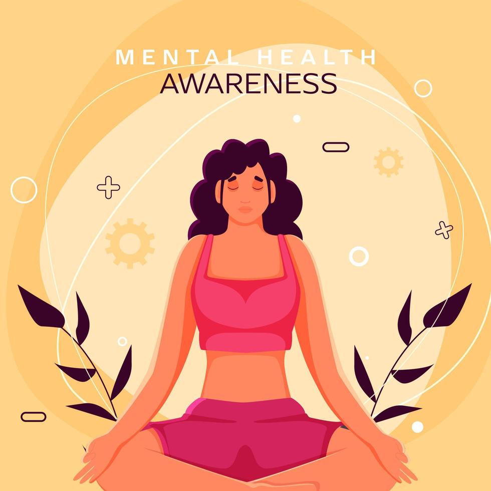 Mental Health Awareness Poster Design with Young Woman Meditating in Lotus Pose on Yellow Background. vector