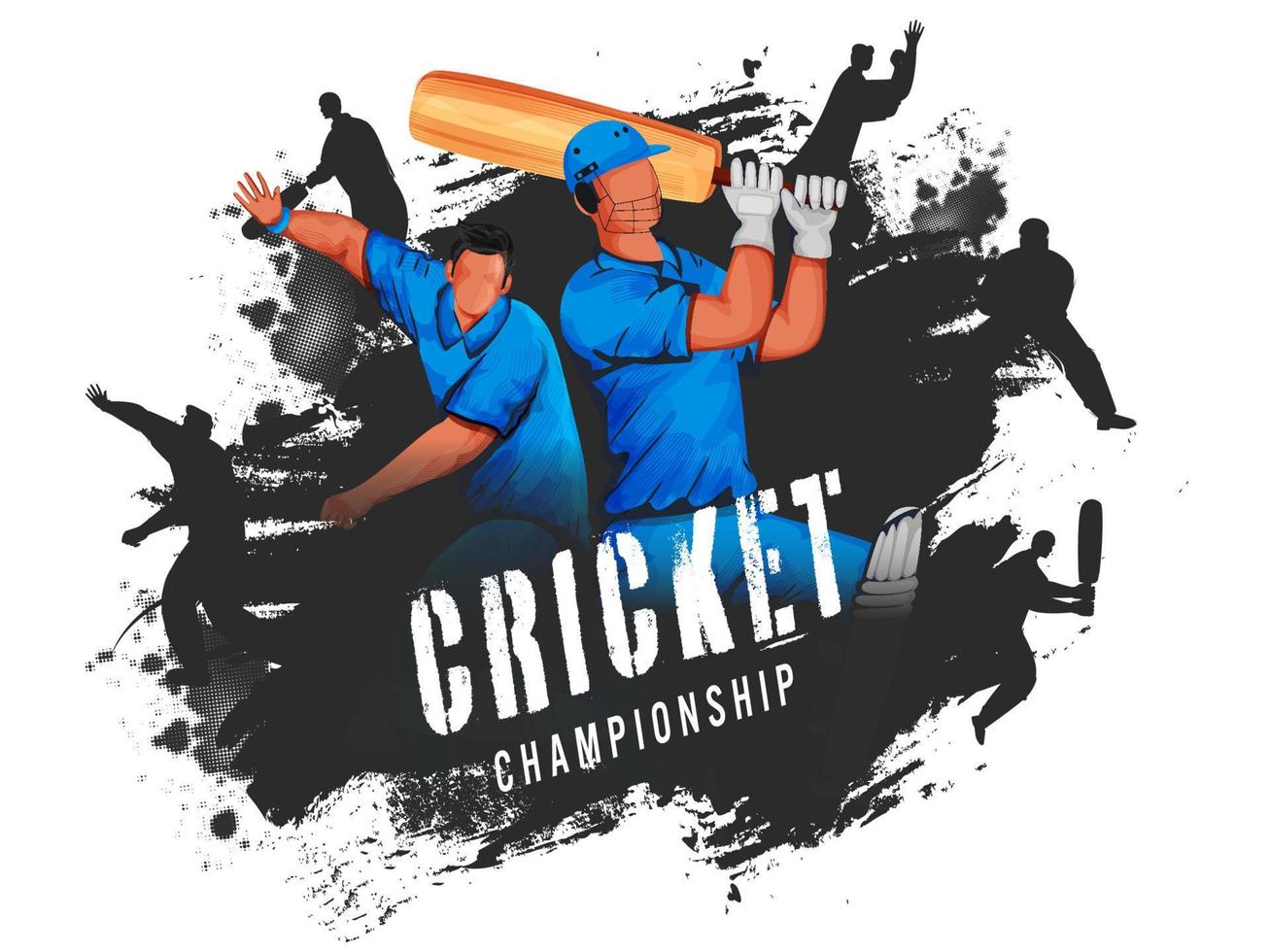 Cricket Players in Different Poses with Black Brush Stroke on White Background for Championship. vector