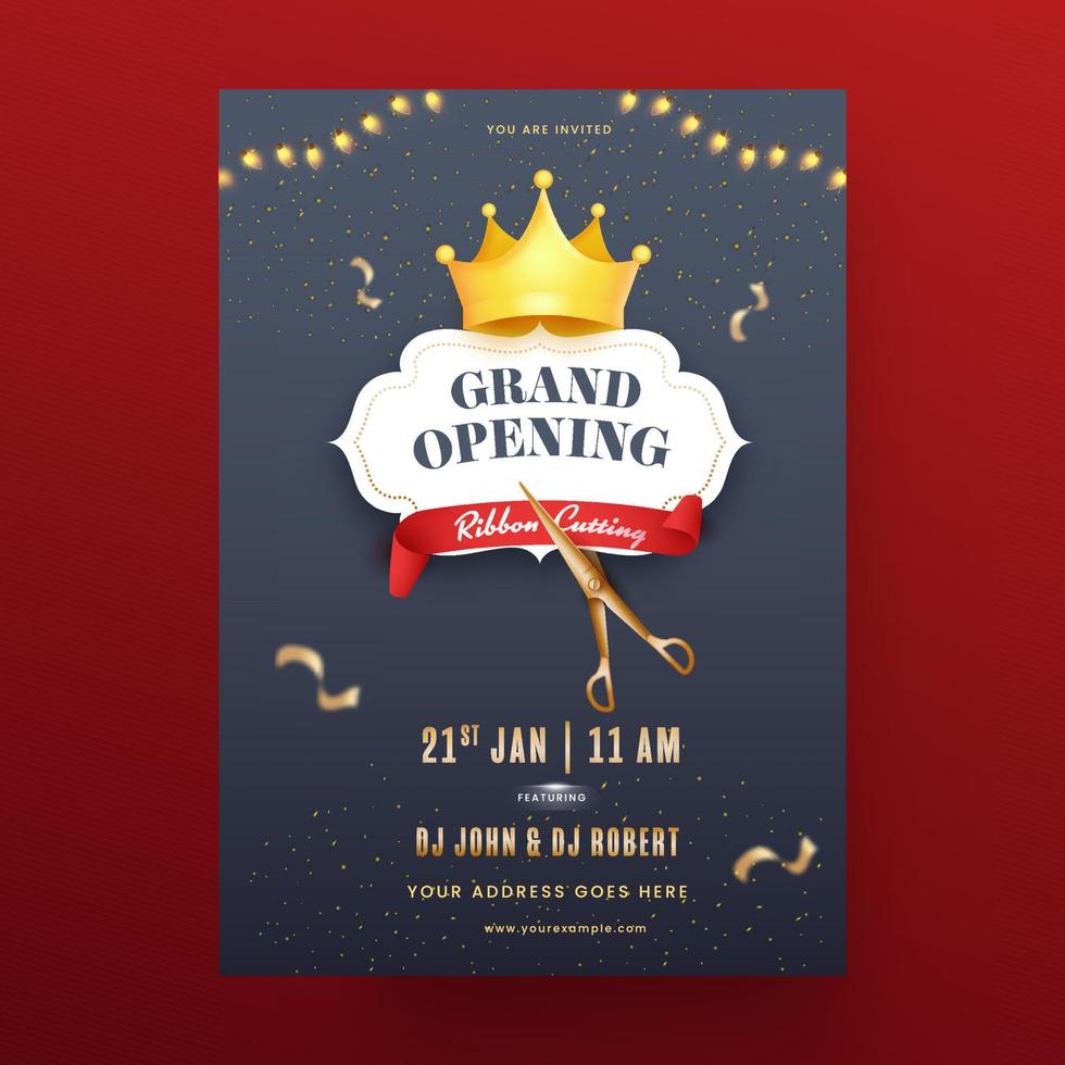 Grand Opening Party Flyer Design With Ribbon Cutting And Golden Crown Illustration. vector