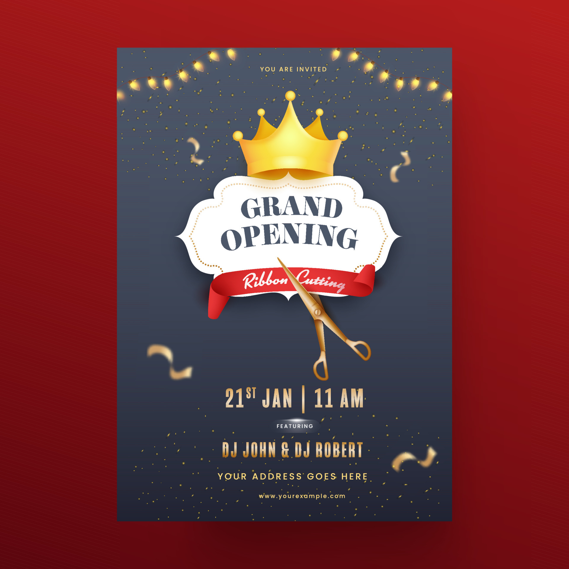 Grand opening invitation banner golden ribbon cut Vector Image