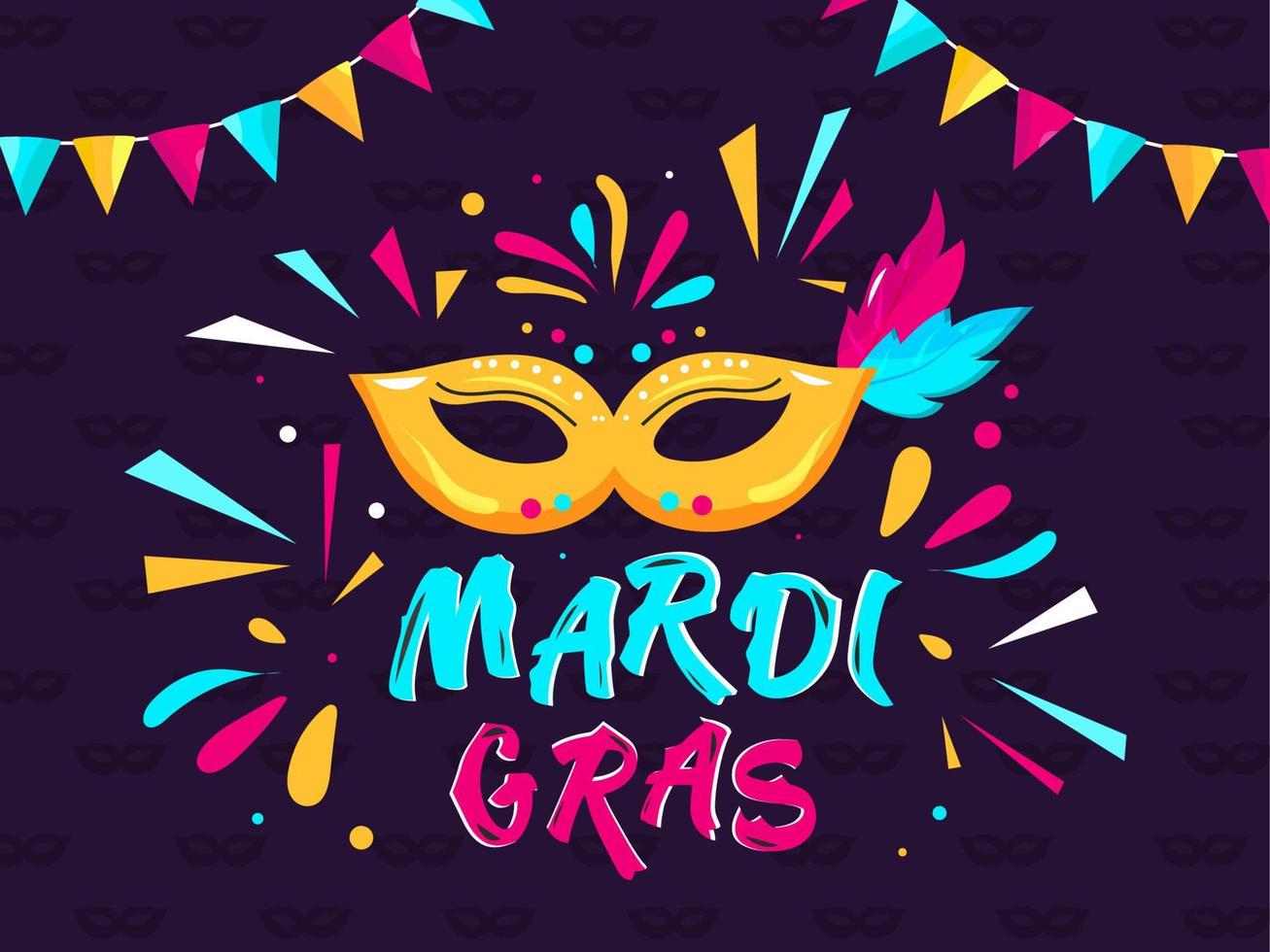 Creative Mardi Gras Text with Party Mask, Confetti and Bunting Flag Decorated on Purple Background. vector