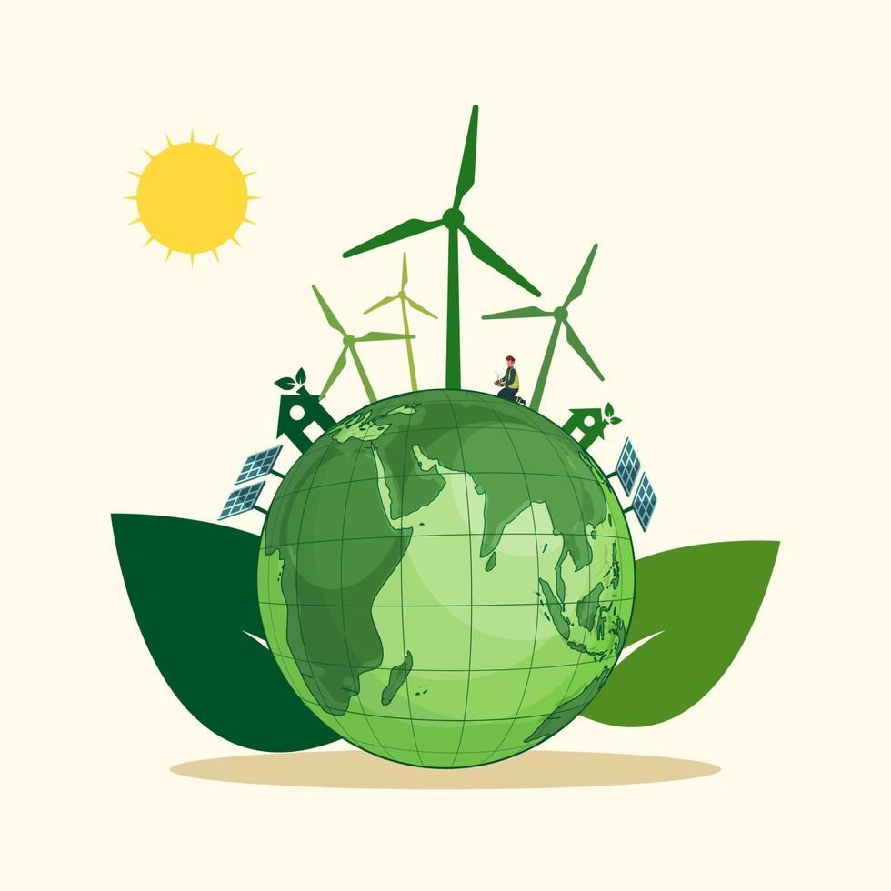 verde eco tierra globo con molinos de viento, solar paneles, chozas y hombre plantando en Brillo Solar antecedentes. vector