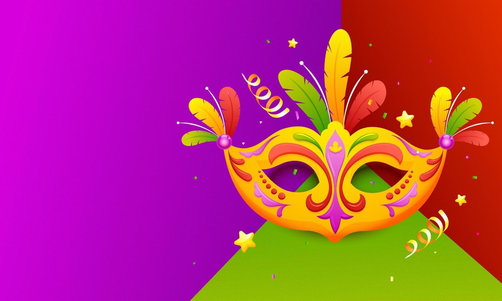 Illustration of Party Mask with Feather and Confetti on Colorful Abstract Background. vector