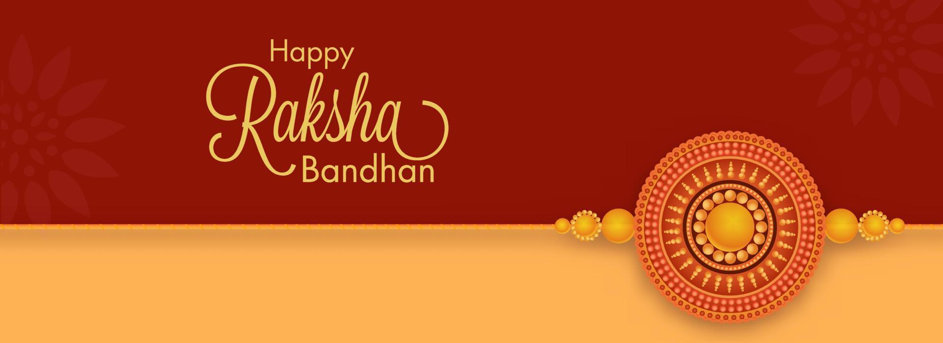 Happy Raksha Bandhan Font with Round Shape Pearl Rakhi on Brown Red and Yellow Background. vector