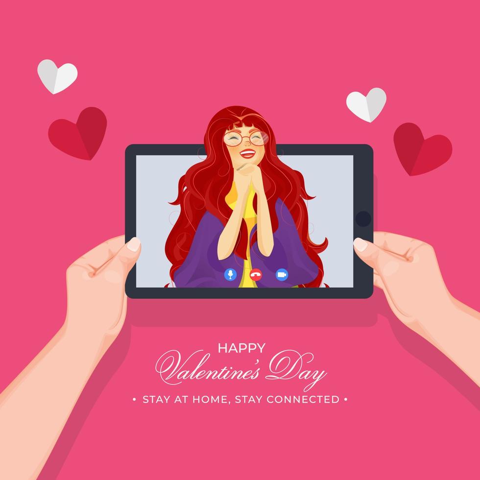 Young Girl Interacting On Video Call With Her Lover On Pink Background For Valentine's Day, Stay At Home And Stay Connected. vector